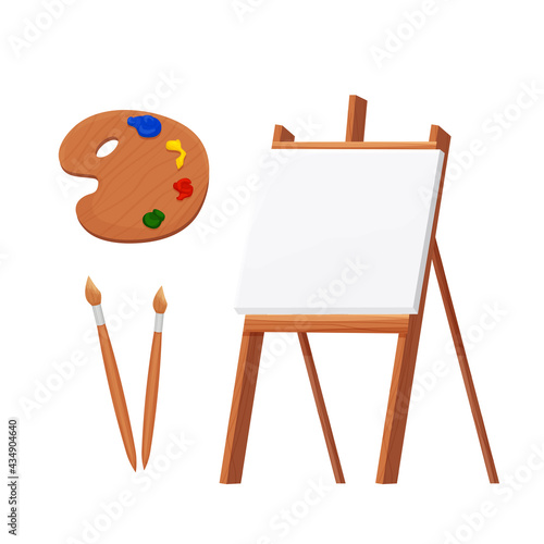 Set wooden easel empty blank paper mock up with palette and brushes in cartoon style isolated on vector white illustration. Artist equipment, advertising board.