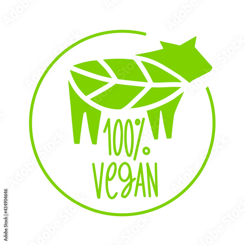 Vegan 100 percent, icon. Plant based food. Beyond meat. Vegetarian sign. Emblem for packing with steak, sausages, hamburger, cutlet, minced meat.