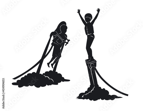 Man and woman flyboarding and ride water jetpack silhouettes. extreme water sport activities