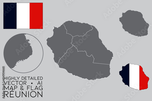 Reunion Island Highly Detailed Map and Flag