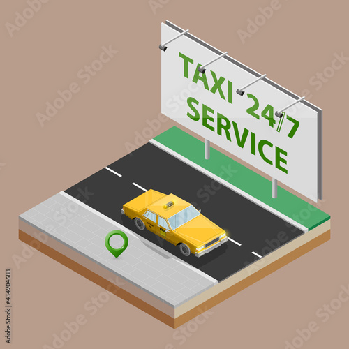 Yellow cab taxi 24/7 service isometric billboard banner. Online navigation application order classic taxi service. Isometry 3D flat car on road. Vehicle itinerary route banner. Get a taxi cab online