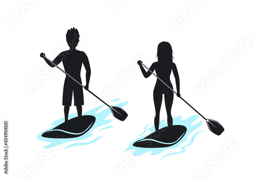 Man and woman stand up paddling, paddleboarding silhouettes
