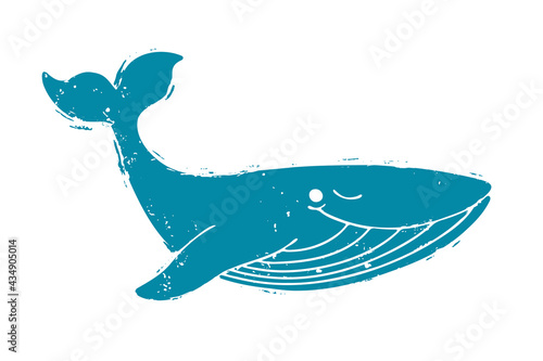 Textured blue whale isolated on a white background. Sea animal in a cartoon style. Vector shabby hand drawn illustration