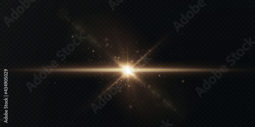 Light rays of light horizontal golden color with glare and flashes isolated on a transparent background. Light star gold png. Light sun gold png. Light flash gold png. Powder png.