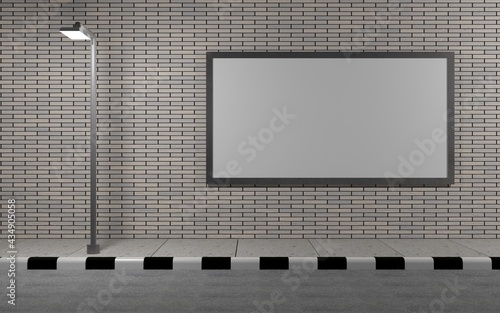 Mockup poster in road side with street light, brick wall, sidewalk, and road. 3d rendering