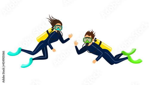 man, woman scuba diving isolated