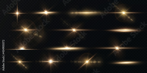 Light png rays of light horizontal golden color with glare and flashes isolated on a transparent background.  Light star gold png. Light sun gold png. Light flash gold png. photo