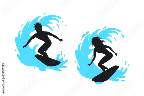 Man and woman surfer silhouettes riding on a wave