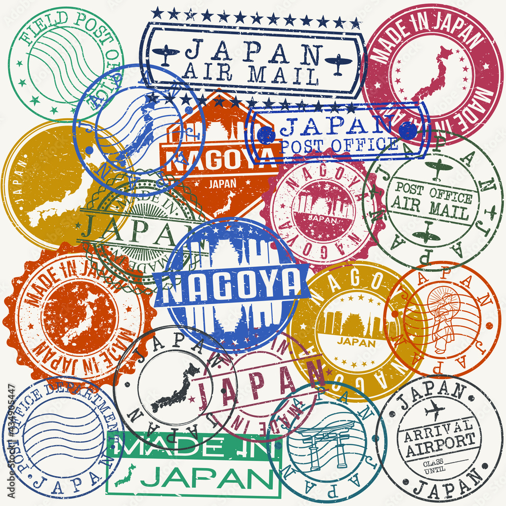 Obraz premium Nagoya Japan Set of Stamps. Travel Stamp. Made In Product. Design Seals Old Style Insignia.