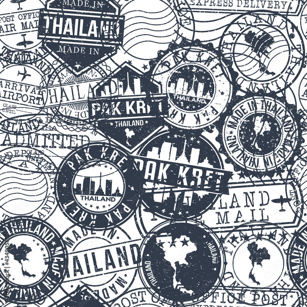 Pak Kret Thailand Stamps Background. City Stamp Vector Art. Postal Passport Travel. Design Set Pattern.