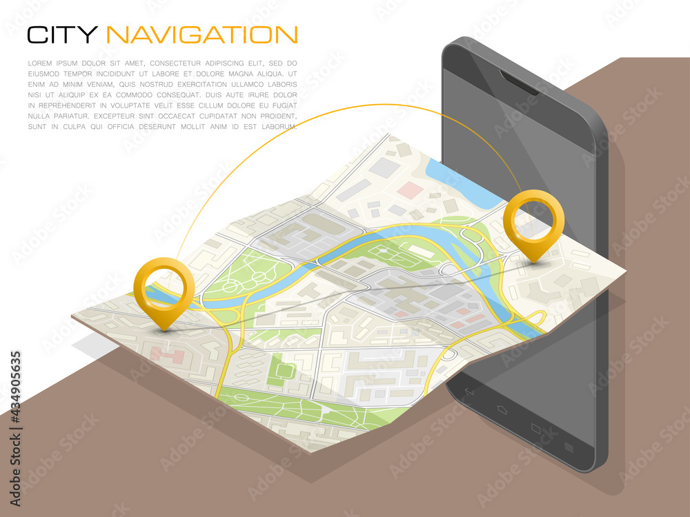 Isometric City map smartphone navigation, Isometry phone point marker ...