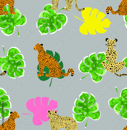 Abstract Hand Drawn Watercolor Tropical Leaves and Cheetah Seamless Vector Pattern Isolated Background