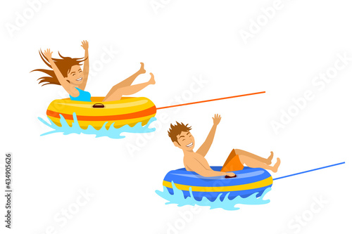 man and woman riding tube  extreme summer beach vacation holidays sport fun activity. isolated