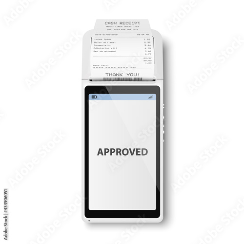 Vector Realistic White 3d Payment Machine. POS Terminal, Paper Receipt Closeup Isolated. Approved Payment. Design Template of Bank Payment Terminal, Mockup. Processing NFC Payments Device. Top View