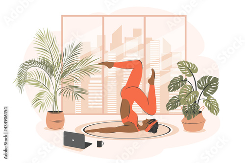 African-american woman doing yoga exercises and stretching. Girl watching online courses  on laptop. Female character practicing in yoga studio or home. Flat vector illustration.