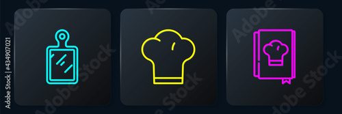 Set line Cutting board, Cookbook and Chef hat. Black square button. Vector