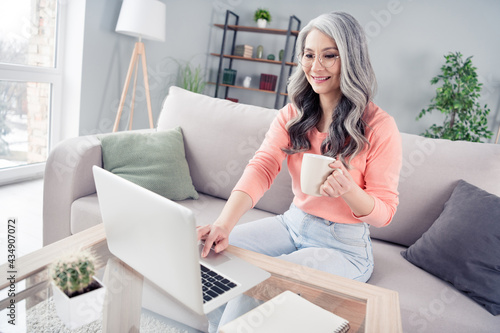 Photo of happy positive charming old woman write laptop work hold cup of coffee indoors inside house home