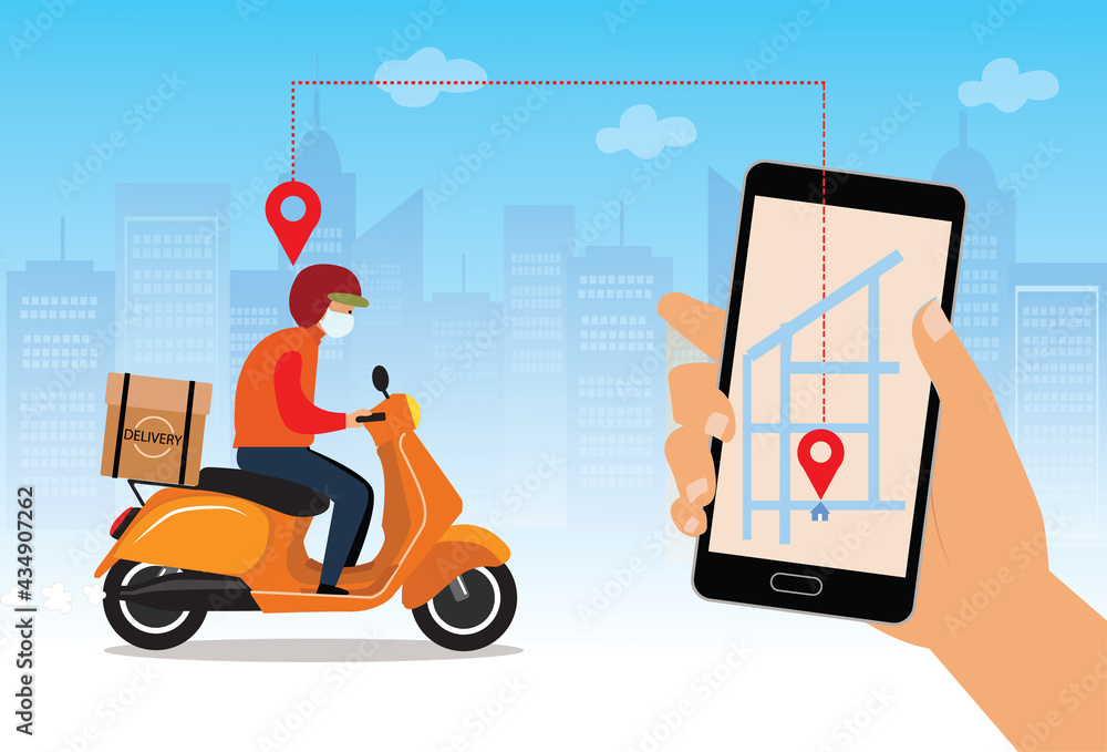 Food delivery service by scooter with courier. Hand holding mobile  application tracking a delivery man on a moped. city skyline in the  background. Stock Vector | Adobe Stock