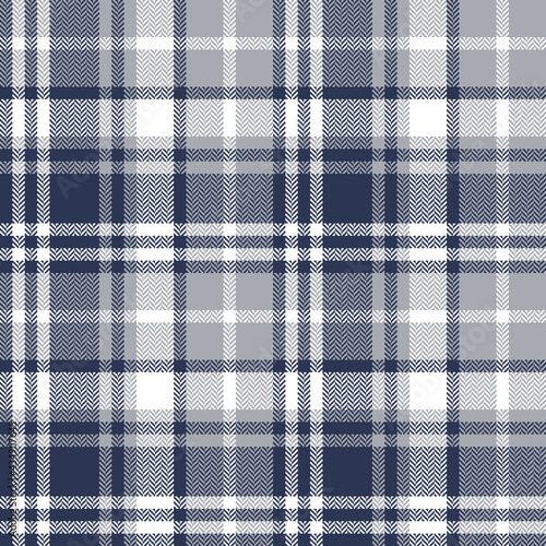 Plaid pattern vector in navy blue, grey, white. Seamless herringbone neutral asymmetric tartan check for flannel shirt, scarf, blanket, other modern spring summer autumn winter fashion textile design.