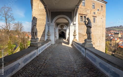 The Cloak Bridge with statues - castle Cesky Krumlov, Czech republic