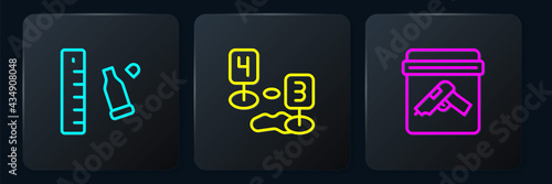 Set line Bullet casing with ruler, Evidence bag gun and Marker of crime scene. Black square button. Vector