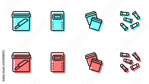 Set line Plastic bag with ziplock, Evidence knife, Police assault shield and Bullet icon. Vector