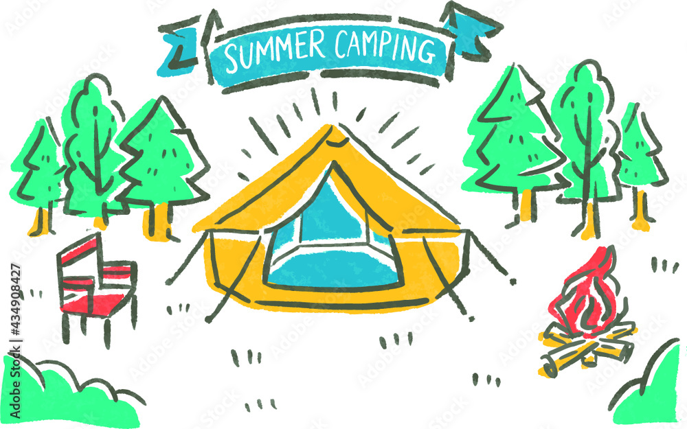 Set of camping icons handdrawn illustration colored