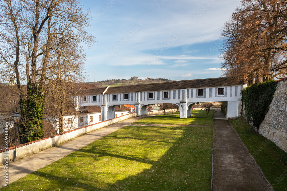 Connecting corridor, covered bridges between the Minorite Monastery and Historical Parks, Castle Cesky Krumlov, Czechia