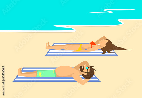 tired man and woman lying on striped towels on the beach at seaside , relaxing, enjoying suntan and sunbathing. happy summer holidays vector illustration,