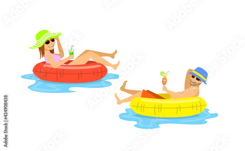 man and woman floating on inflatable inner rings, mattress, tubes isolated vector illustration