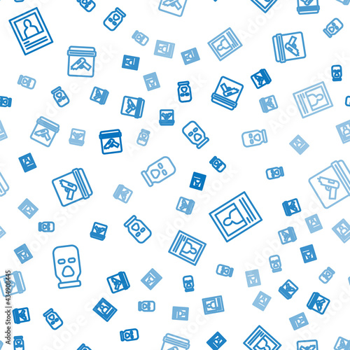 Set line Balaclava, Wanted poster and Evidence bag with gun on seamless pattern. Vector