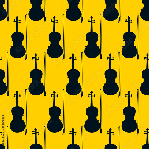 Seamless pattern of Violin on yellow background, Silhouette classical Musical Instruments, vector illustration