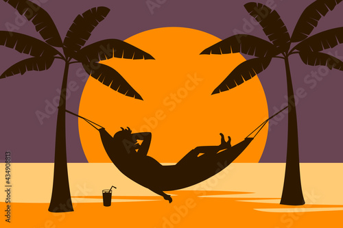 man relaxing in hammock on the beach at sunset silhouette.