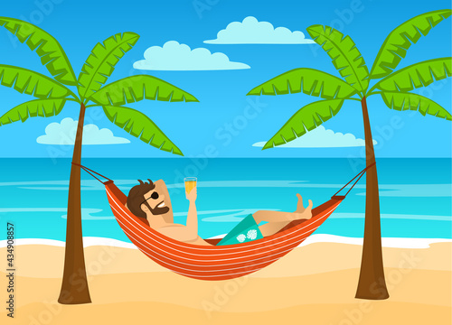 man enjoying summer time holidays, vacations, lying in hammock under palm trees drinking beer, relaxing