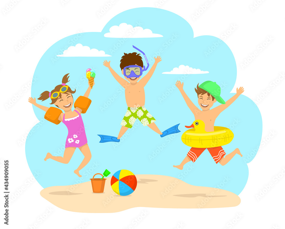 Happy children, kids jumping for joy on the beach