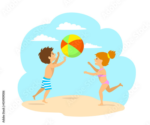children, kids, boy and girl playing ball on the beach