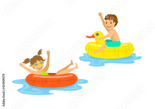 boy and girl, children floating on inflatable rings isolated