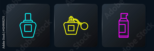 Set line Perfume, Spray can for hairspray and . Black square button. Vector