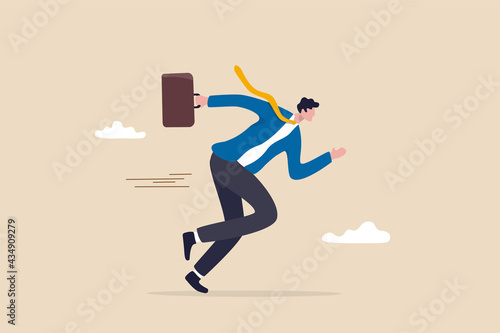 Business motivation or agility, success in fast change business competition, career challenge concept, confident motivated businessman holding briefcase running with full effort to win competition.