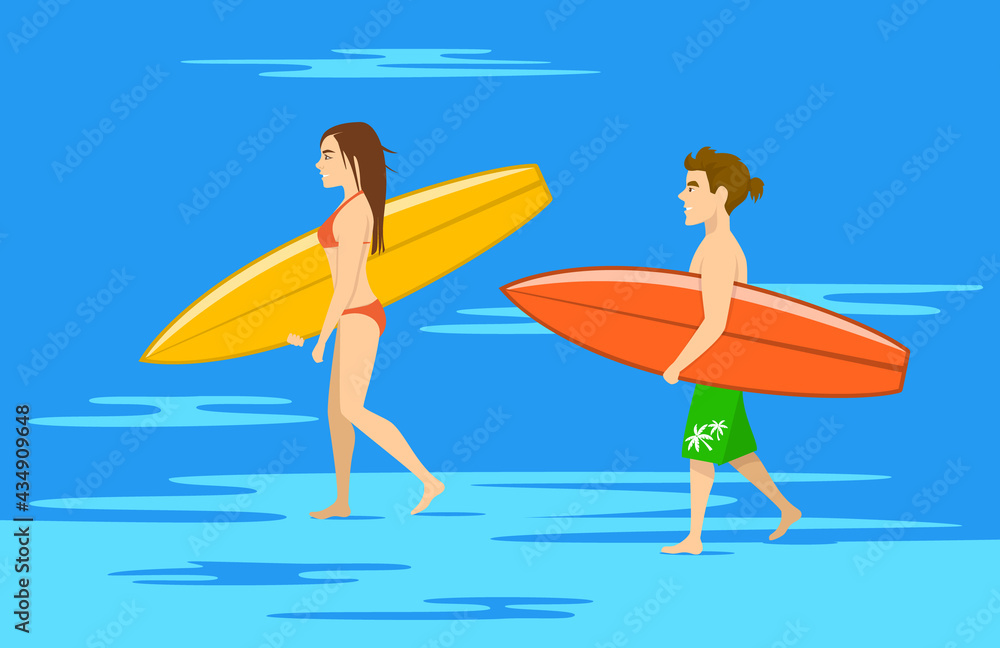 man and woman, surfers couple walking on water on the beach with surfboards