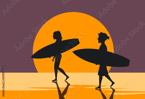 man and woman, surfers couple walking on water on the beach with surfboards at sunset silhouettes poster