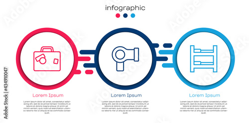 Set line Suitcase, Hair dryer and Hotel room bed. Business infographic template. Vector