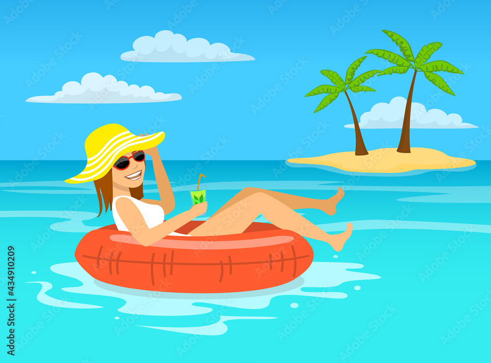 funny woman with cocktail relaxing floating on inflatable inner ring in tropical ocean water, happy summer vacations vector illustration