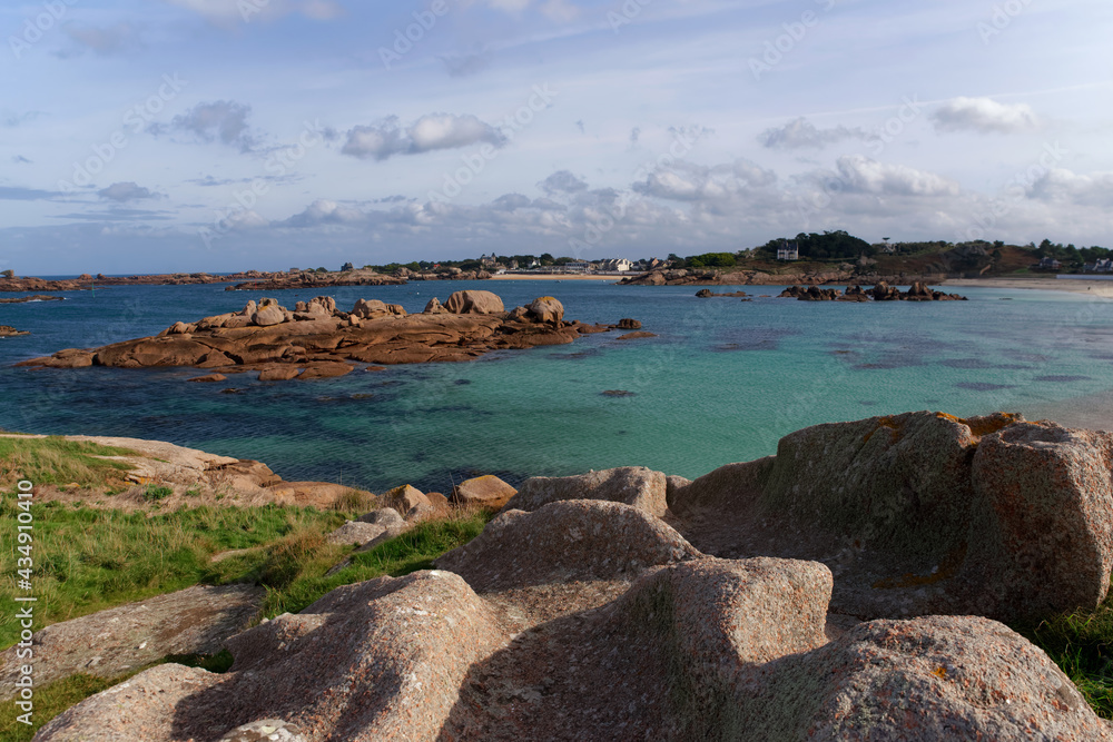 The Pink Granite Coast of Tregastel beach in Brittany. 