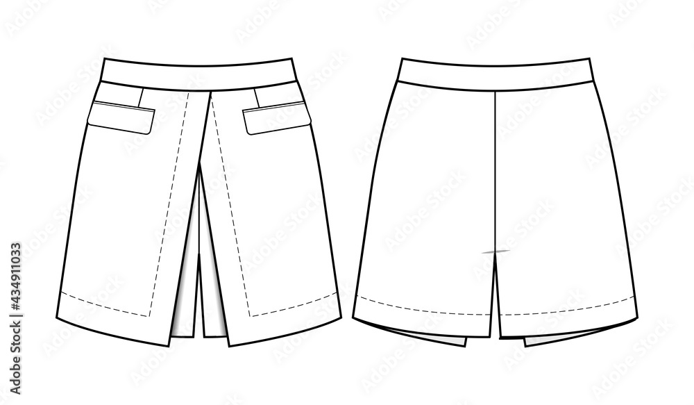 Fashion technical drawing of skirt shorts. Fashion technical drawing of skirt shorts.