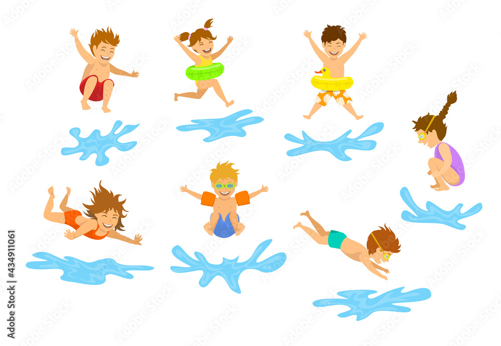 active kids children, boys and girls diving jumping into swimming pool water isolated