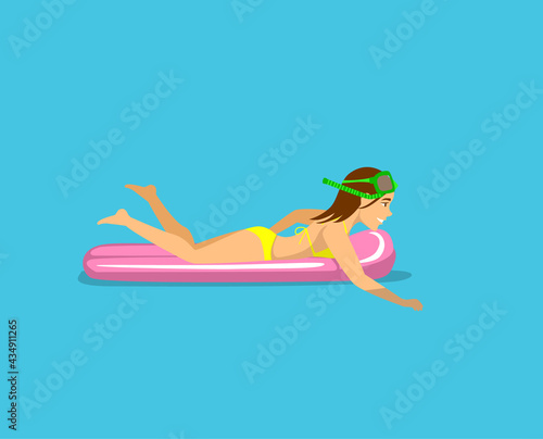 young woman swimming floating on inflatable mattress on water, sea, pool