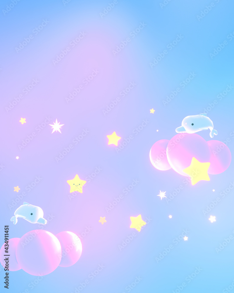 Cartoon pastel sky with dolphin and stars. 3d rendering picture. Cartoon pastel sky with dolphin and stars. 3d rendering picture.