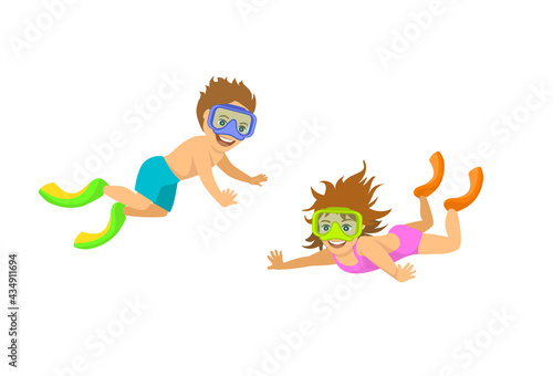 boy and girl snorkeling in masks, isolated