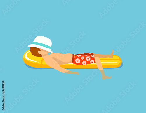 man relaxing swimming in pool on inflatable mattress
